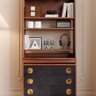 法式中古风白蜡木实木书桌斗柜书柜架一体小户型卧室多功能电脑桌