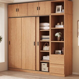 推拉门衣柜小户型家用卧室原木风滑移门收纳储物柜子趟门实木衣橱