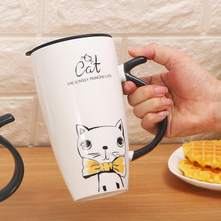 简约猫咪马克杯特大容量陶瓷杯可爱早餐杯办公室家用带盖勺喝水杯