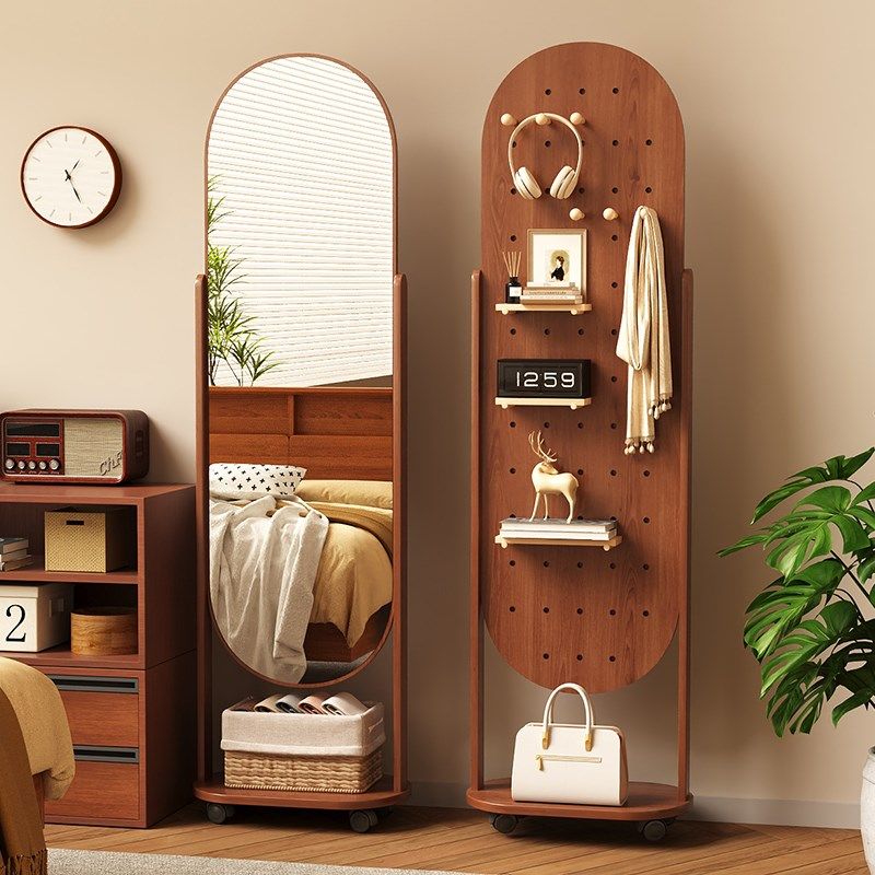 洞洞板穿衣镜旋转全身镜可移动落地镜家用衣挂架一体镜子试衣镜