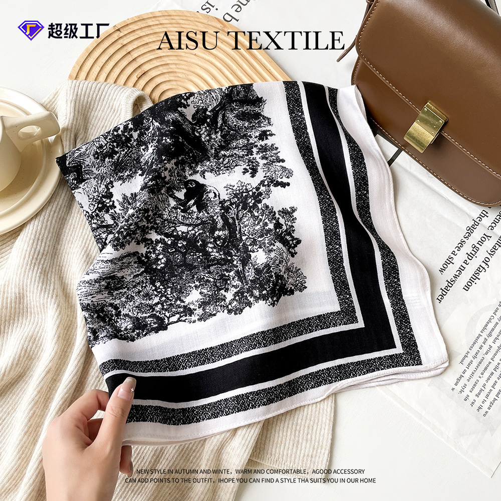 跨境新款黑白森林图案丝巾女人字纹棉质复古时尚围巾高级感小方巾