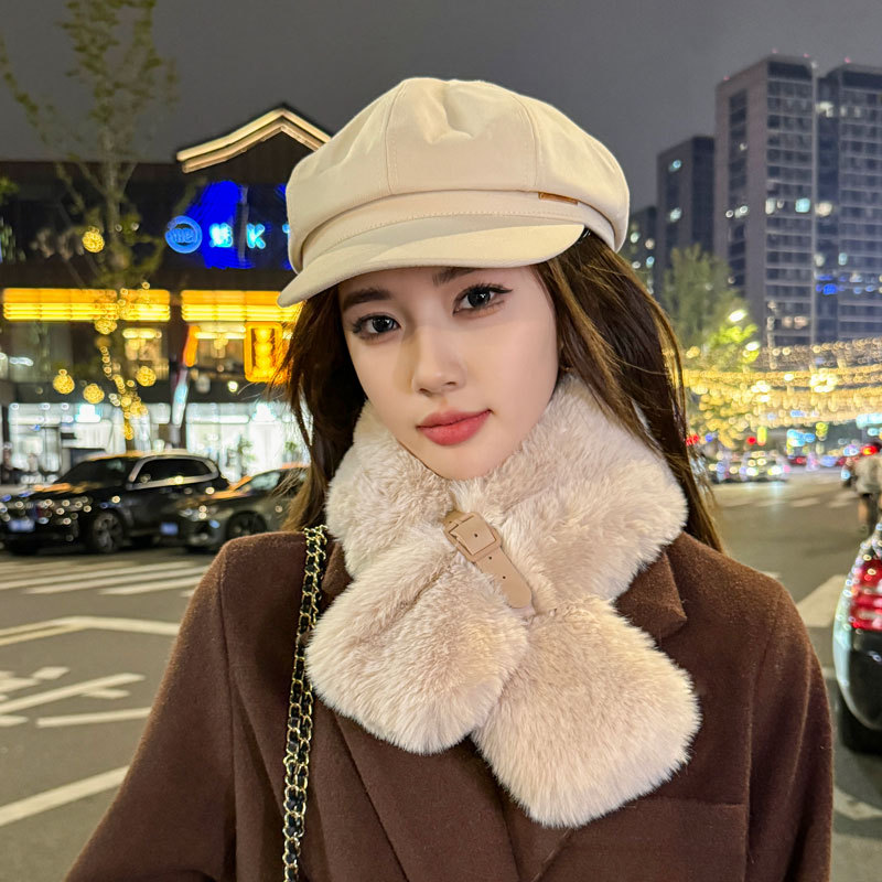 秋冬季时尚毛绒皮扣加厚保暖围脖濑兔毛围巾 ins韩国时尚百搭围巾