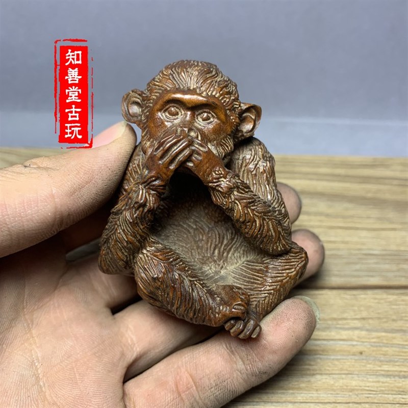 仿古木雕 小叶黄杨木雕件三不猴子不看不听不说木雕工艺品桌摆件