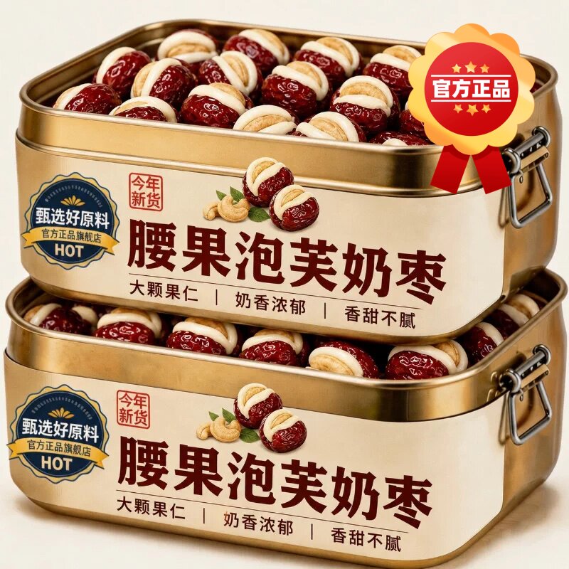 2026新货新疆腰果泡芙枣红枣巴旦木夹心去核奶枣孕妇健康养生零食