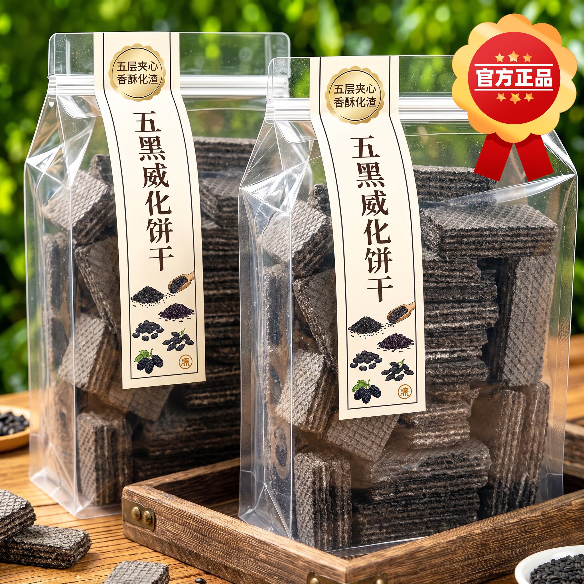 五黑粗粮威化饼干无蔗糖孕妇代餐零食小吃饱腹整箱黑豆黑米威化饼