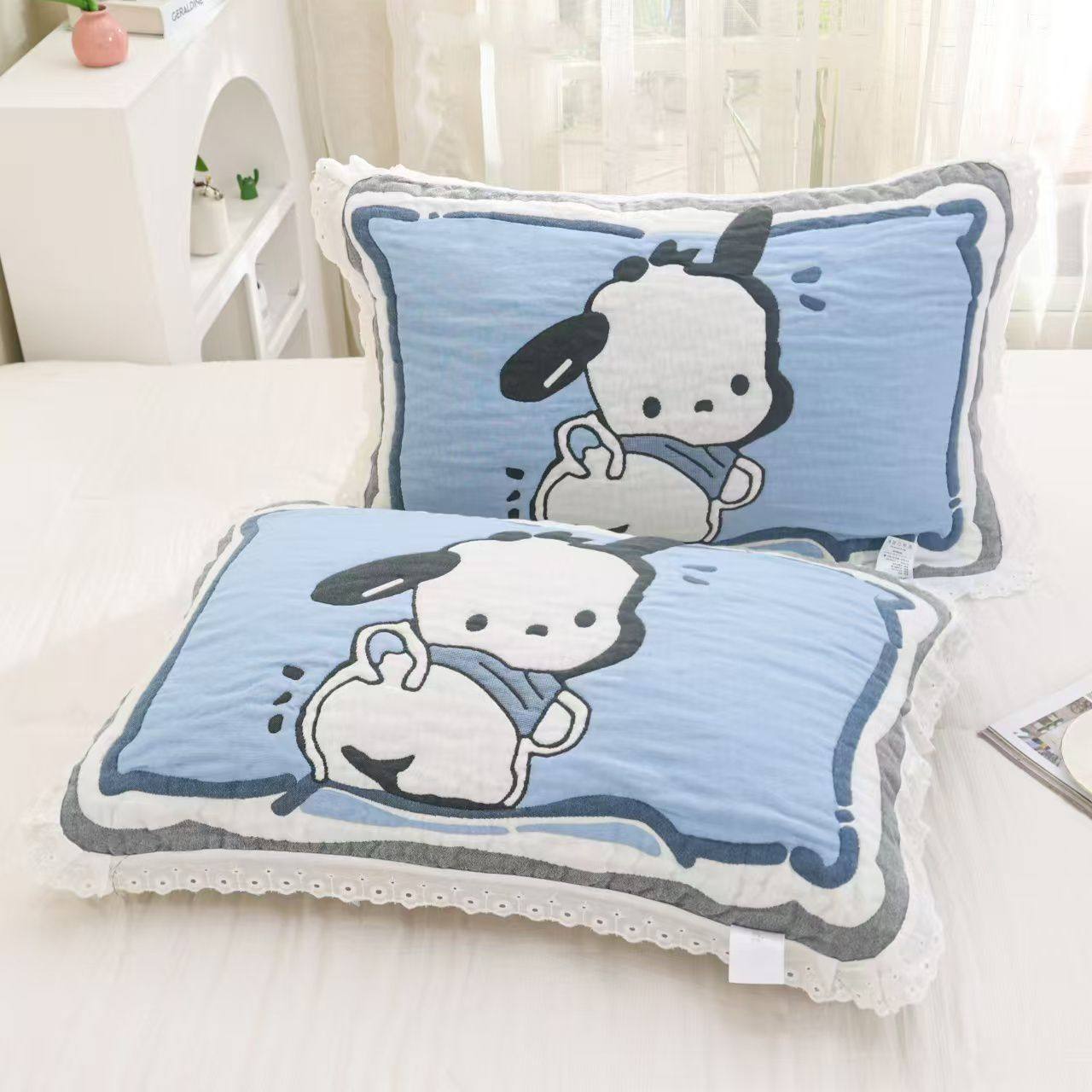 花边纯棉纱布枕巾一对装高档卡通可爱家用柔软透气加厚全棉枕头巾