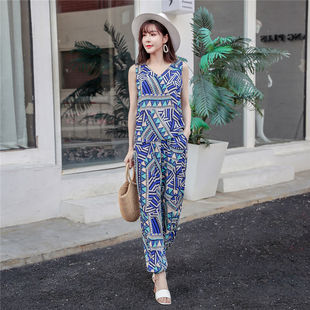 夏季 棉绸V领背心时尚 两件套女士薄款 透气宽松外穿碎花家居服套装