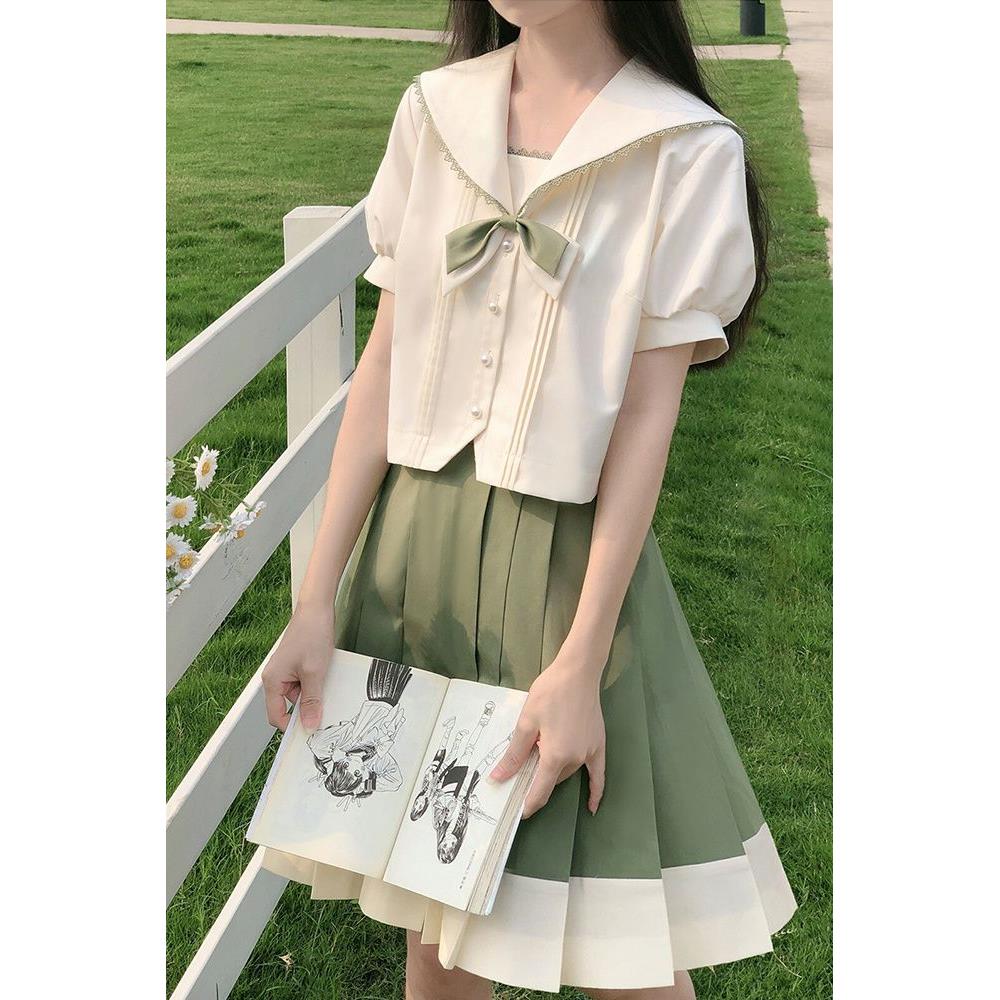 青茉中 学院风JK制服水手服清新温柔绿色夏天夏服海军领短裙套装