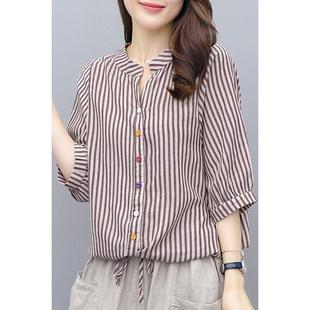 女2025夏季 大码 条纹衬衫 新款 百搭V领上衣女 宽松复古棉麻中袖 小衫
