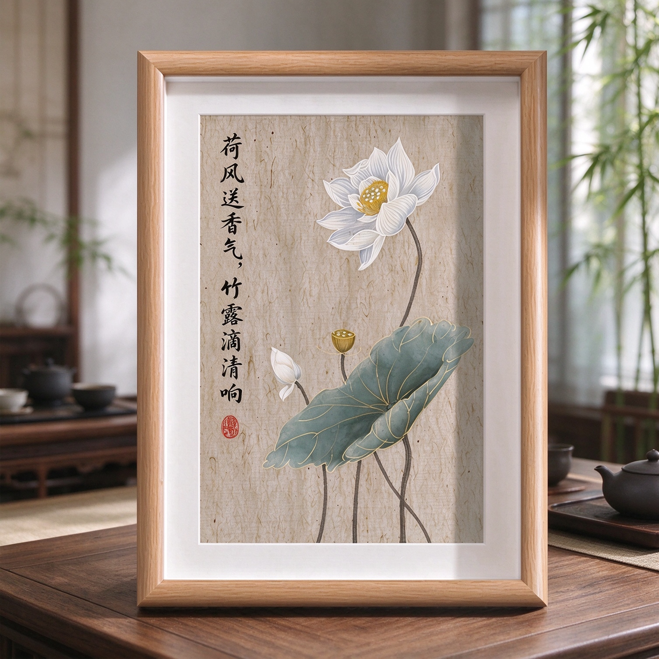 新中式荷花装饰字画摆件相框挂画