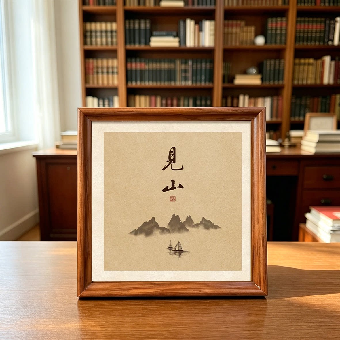 新中式见山宋韵禅意木质摆台字画