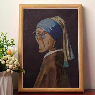 带珍珠耳环的老爹恶搞世界名画相框名家真迹客厅卧室玄关柜子摆画