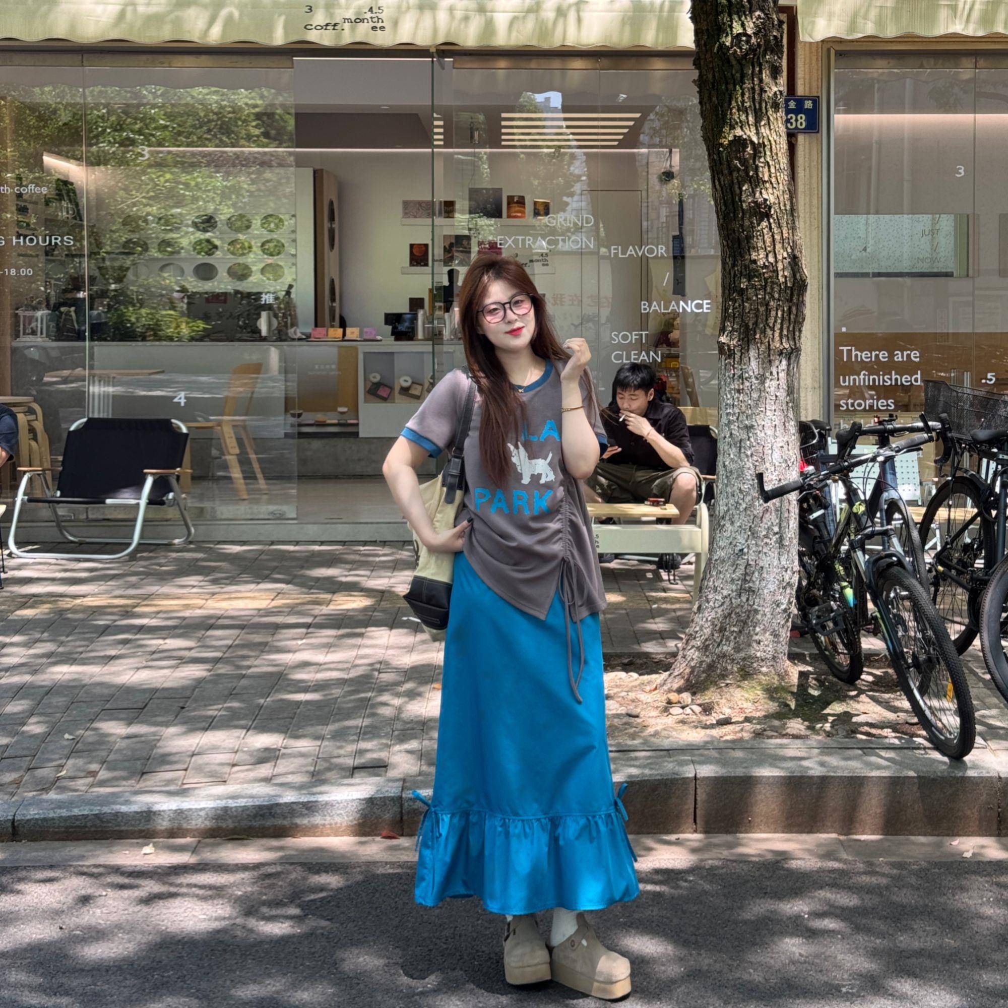 南岛风大码女装拼接撞色字母短袖T恤夏季巨显瘦半身裙套装微胖mm