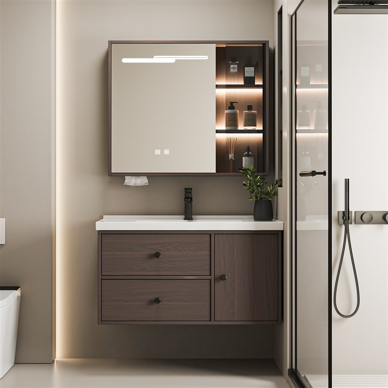 新款胡桃木智能浴室柜组s合岩板无缝陶瓷一体盆洗脸台盆卫生洗漱