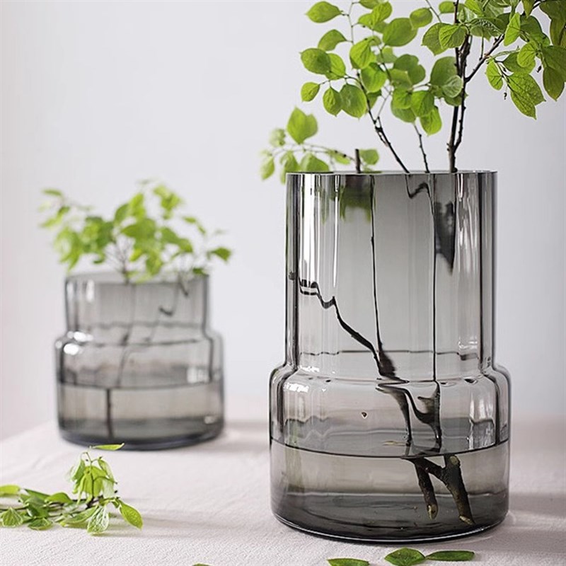 现代轻奢极简玻璃插花花瓶矮胖大口径直筒花瓶鲜花特W大号绿色花