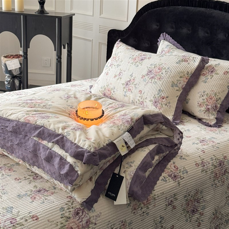 韩式田园风A面全棉B面防滑布床盖C四件套同款被套绗缝夹棉床单炕