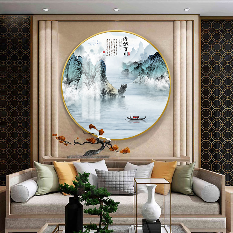 新中式入户玄关装饰画圆形山水画挂画过道书房茶室客厅背景墙壁画