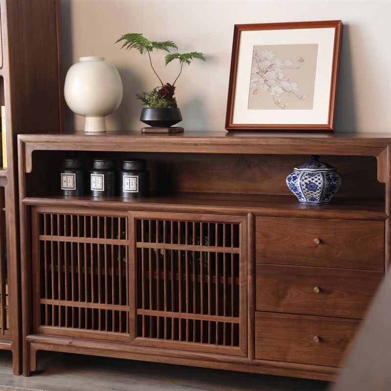 墨兰新中式黑胡桃木飘窗柜客厅茶水储物L柜榻榻米柜实木玻璃高柜