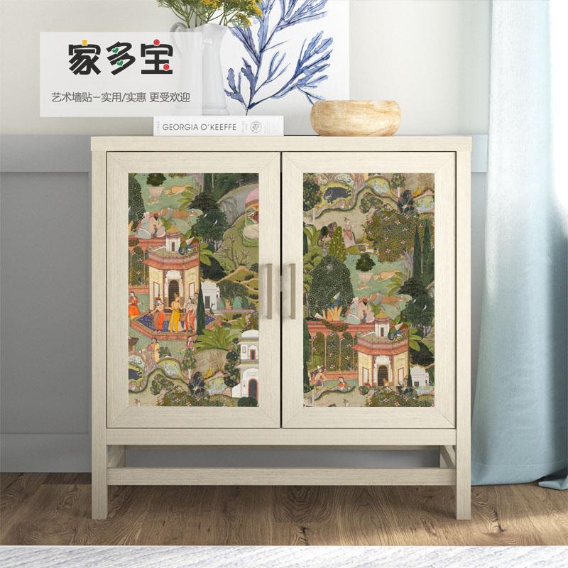 旧家俱翻新贴纸斋浦尔花园图案自粘复古壁纸防水防潮遮丑衣柜美化