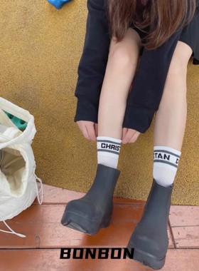 夏季网红款字母女网眼透气棉袜白色ins潮薄款透明运动中筒小腿袜