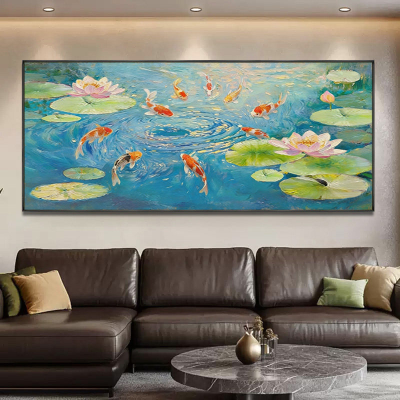 九鱼图手绘油画现代中式客厅装饰画轻奢美式沙发背景挂画荷花壁画