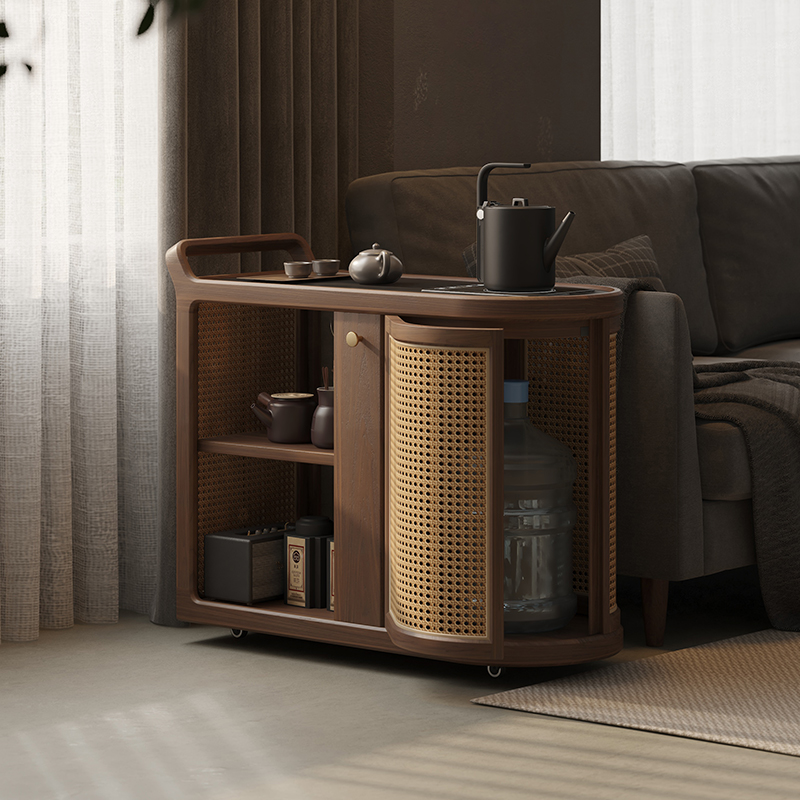 实木茶水柜小推车客厅边柜小型茶几黑胡桃木可移动烧水台岩板茶台