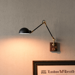 黑胡桃木摇臂灯阅读休闲民宿复古黄铜壁灯墙灯挂式伸缩灯侘寂风灯