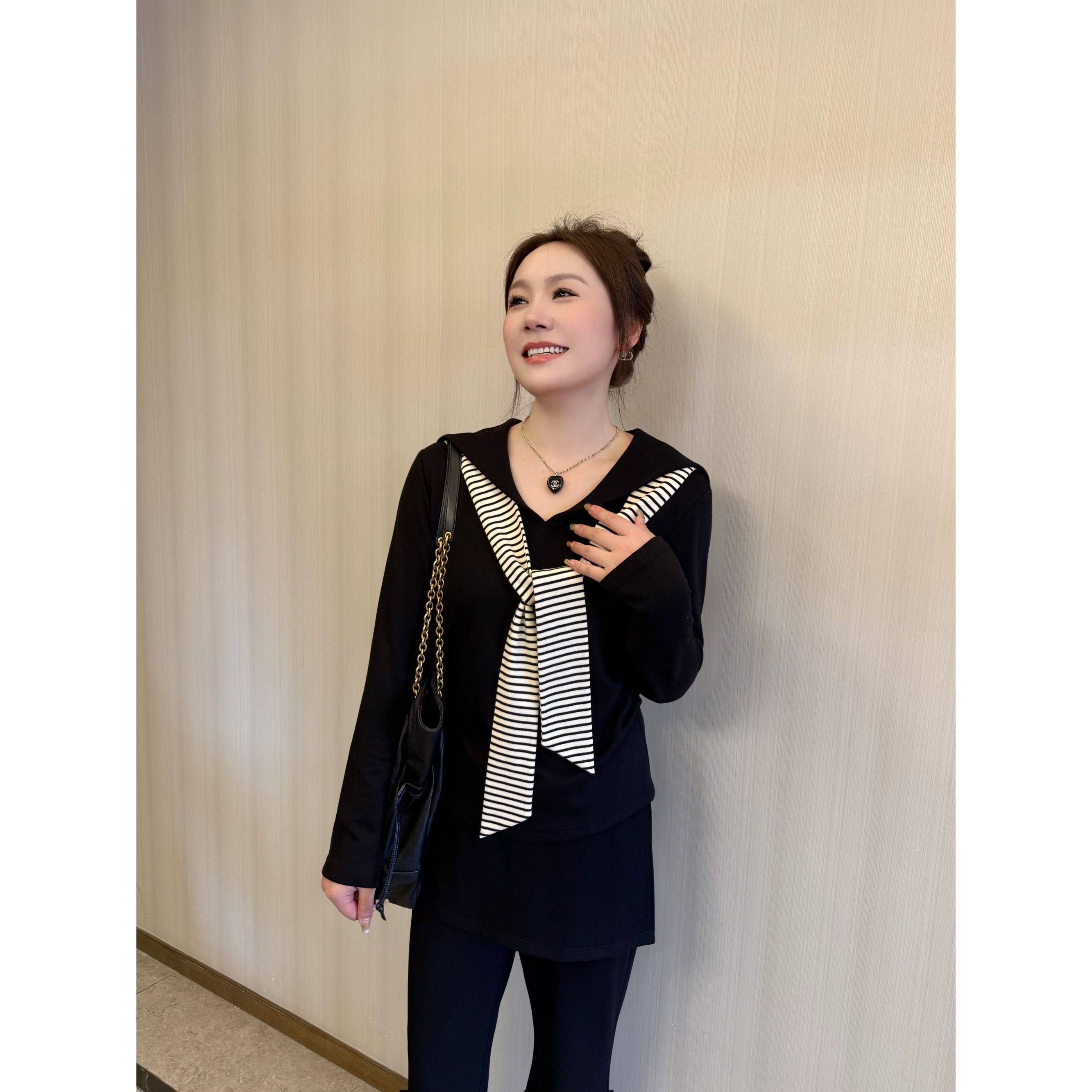 NANJIE/楠姐【温柔破晓】秋季海军领显瘦条纹拼接上衣XNS6654