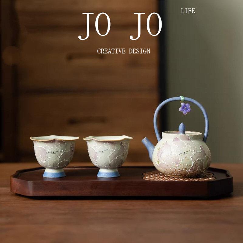 JOJO手绘茶具套装陶瓷高足杯九尾仙狐提梁壶功夫茶具家用泡茶套装