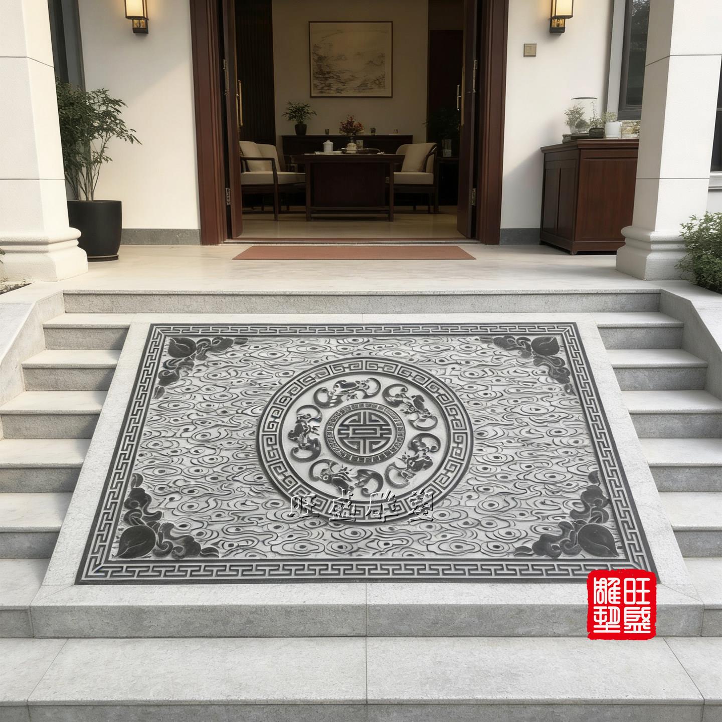青石祥云浮雕庭院地雕石踏步石台阶石青石板中式大理石装饰门槛石