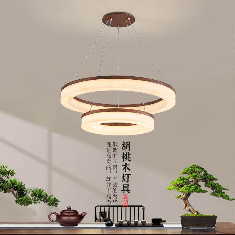 黑胡桃木客厅吊灯新中式简约大气仿云石餐厅卧室茶室圈圈圆环灯具