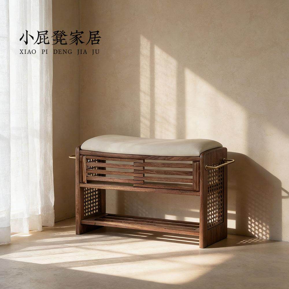 新中式藤编换鞋凳实木鞋架长凳家用入户门口储物凳轻奢长条穿鞋凳