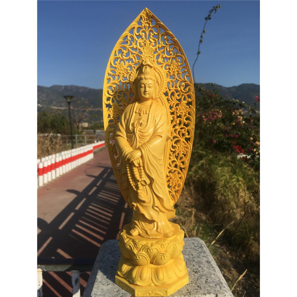 黄杨木雕手持念珠立莲观音菩萨摆件实木雕刻佛像居家佛像工艺礼品