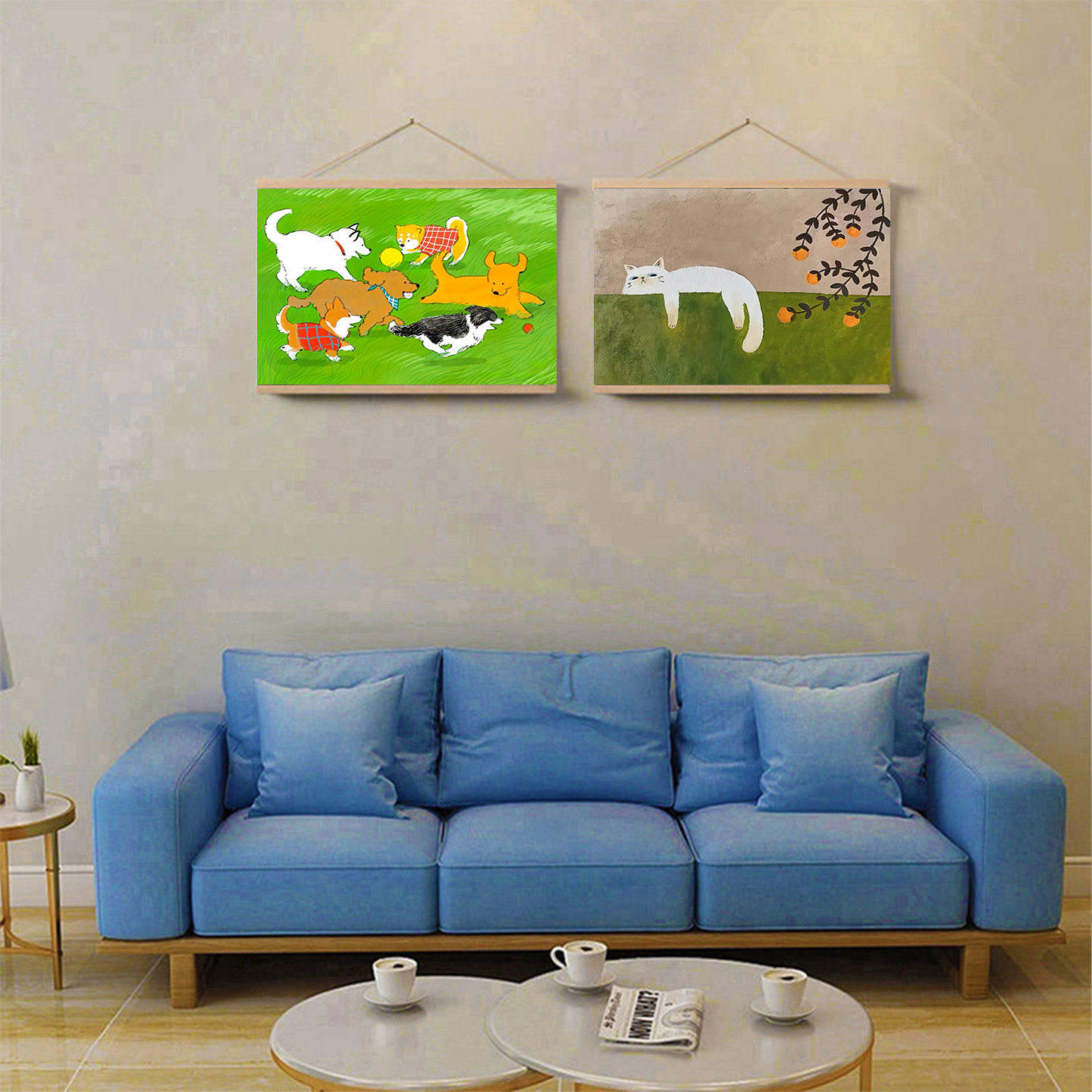 现货卷轴挂画手绘萌宠猫咪装饰画客厅温馨治愈挂画