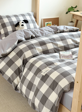 宿舍专用床笠款三件套09m全棉格子E男学生寝室1米2床垫被子一整套