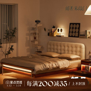 邮差来敲门复古实木软包床主卧小户型齐边1.5米1.8中古皮艺双人床