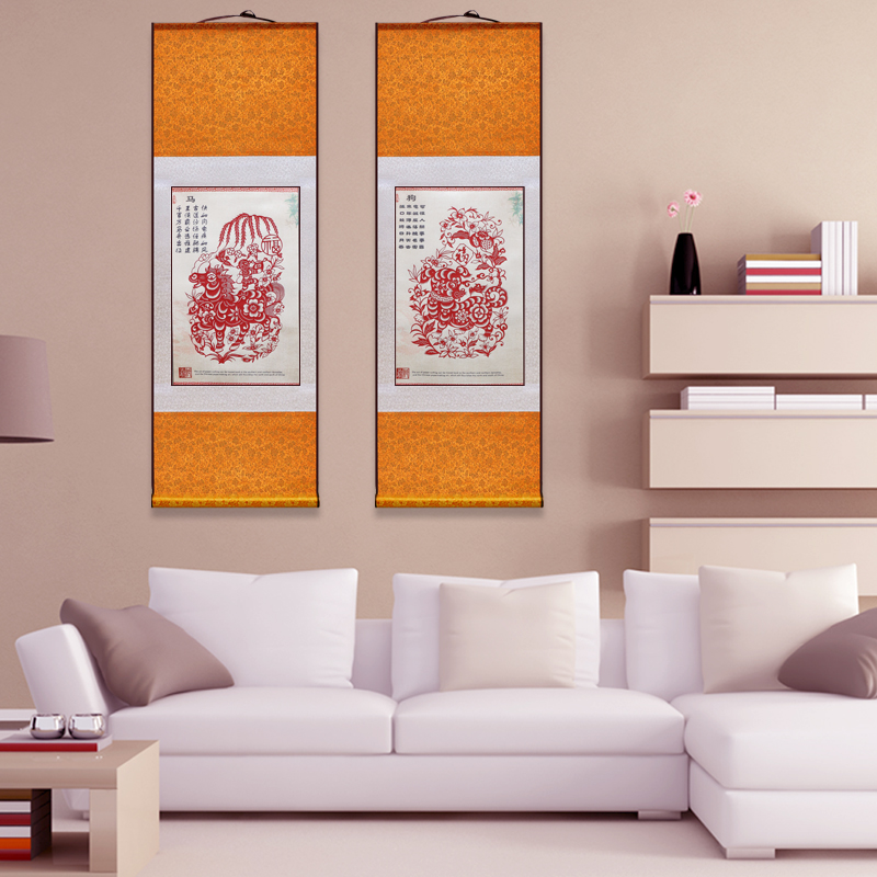中国特色蔚县剪纸丝绸画轴家居装饰画十二生肖中英文出国外事礼品图片