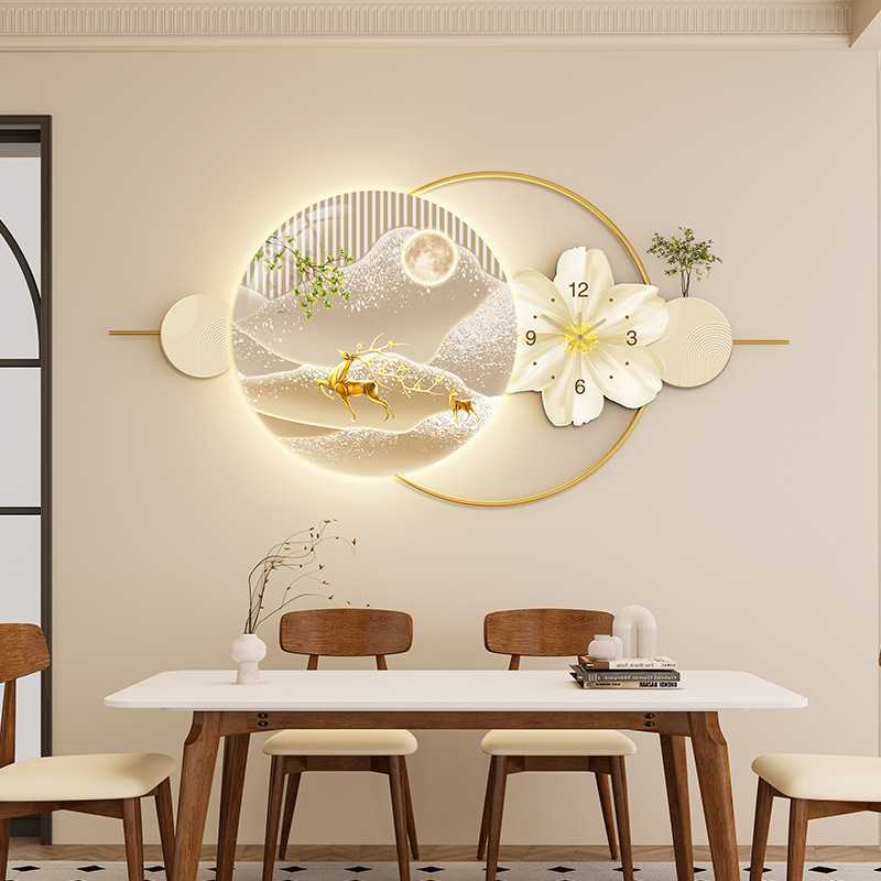 新款侘寂风餐厅异形装饰画带钟表餐桌壁画石来运转砂岩背景墙挂画