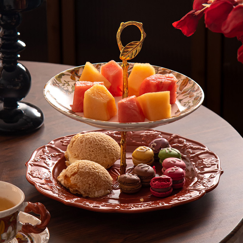 复古法式双层果盘 家用高档陶瓷浮雕点心盘客厅零食干果收纳盘
