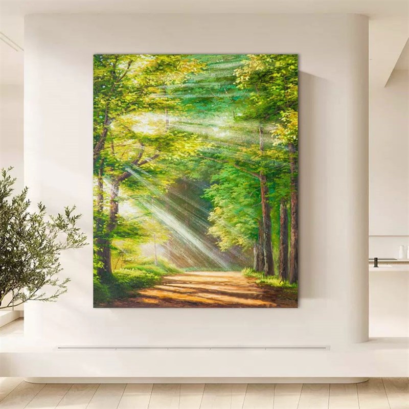 午后阳光森林装饰画丙烯绿色肌理画客厅风景挂画玄关树荫手绘油画图片