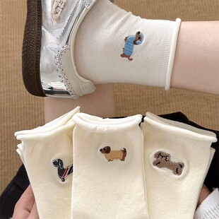 AAA白色袜子女中筒袜四季款ins潮日系卷边堆堆袜卡通可爱小狗长袜