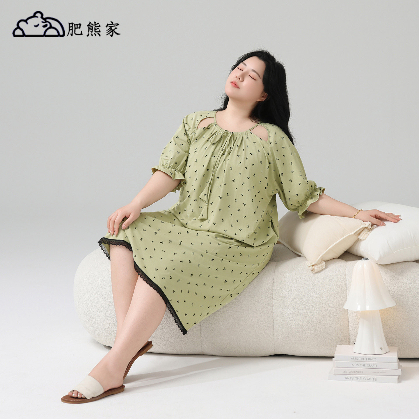 肥熊家中长款睡裙女夏季纯棉短袖宽松 200斤胖mm加肥加大码睡衣女