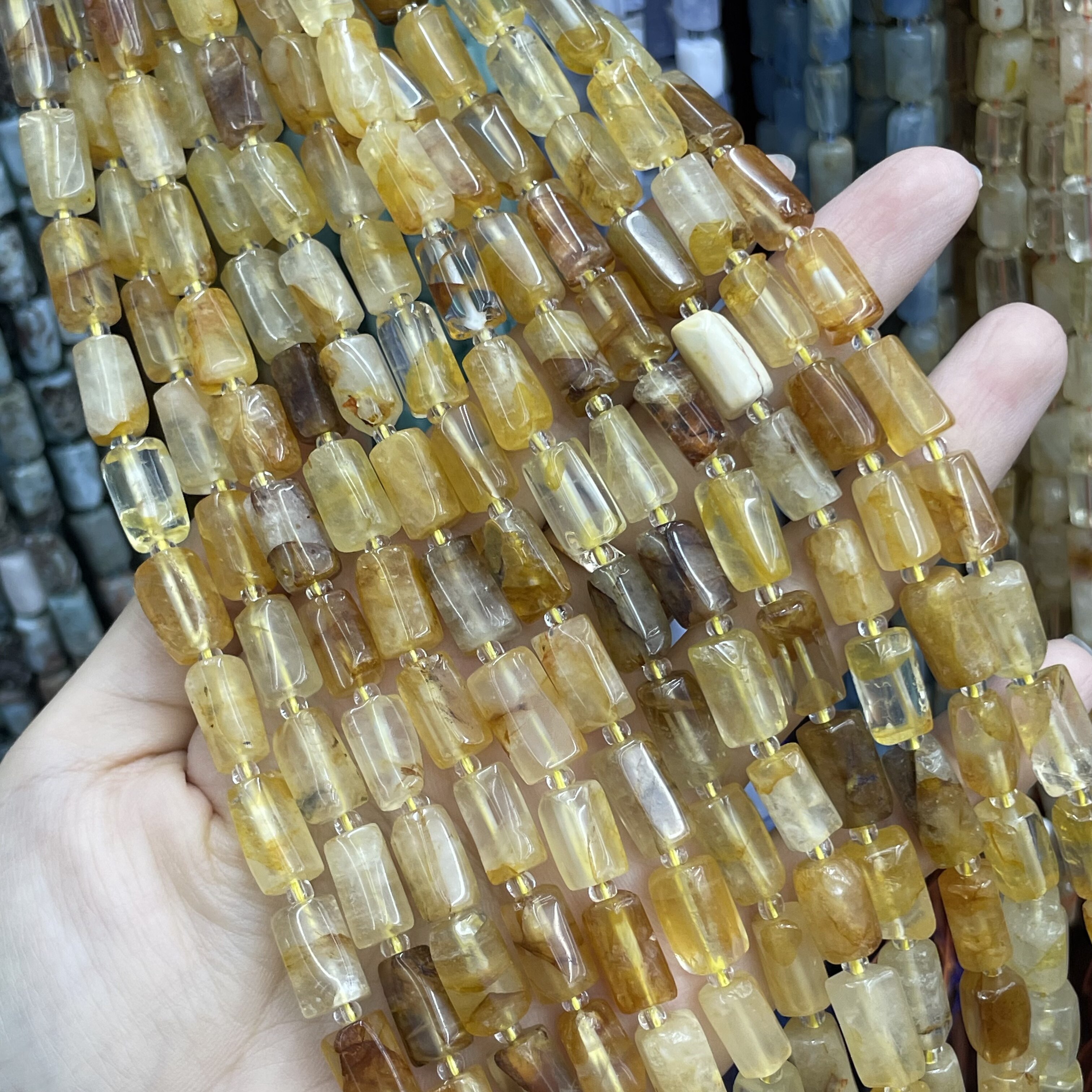 天然黄胶花 不规则多棱圆柱串珠 7-8*12MM 手工散珠Diy项链半成品