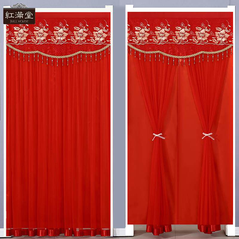 高档免打孔防蚊纱帘隐私布艺卧室夏季通用中式农村婚礼陪嫁红门帘