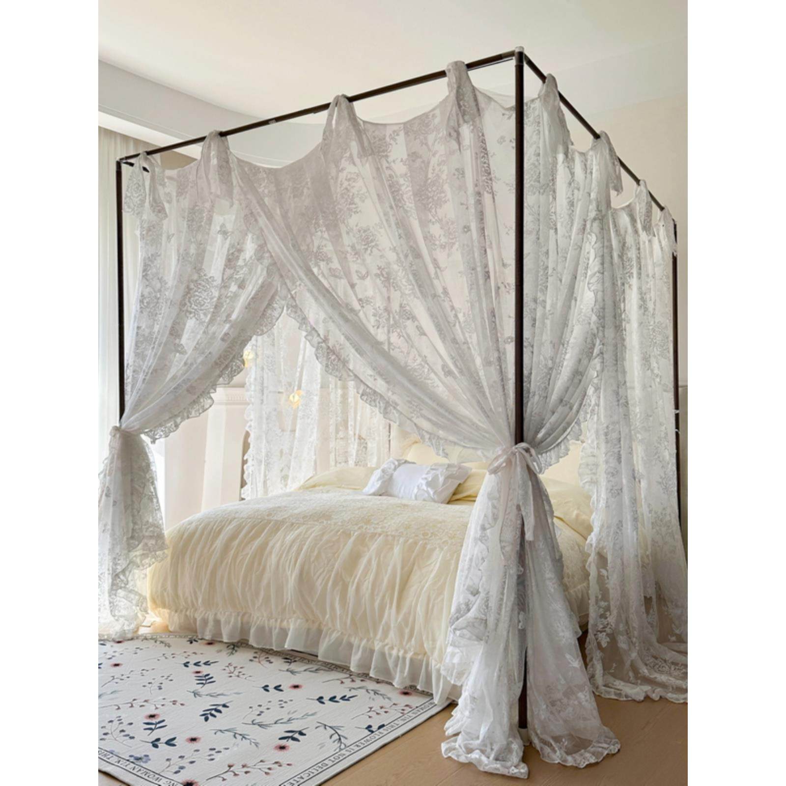 2025新款高级法式公主风花边蕾丝提花蚊帐轻奢宫廷落地三开门床幔