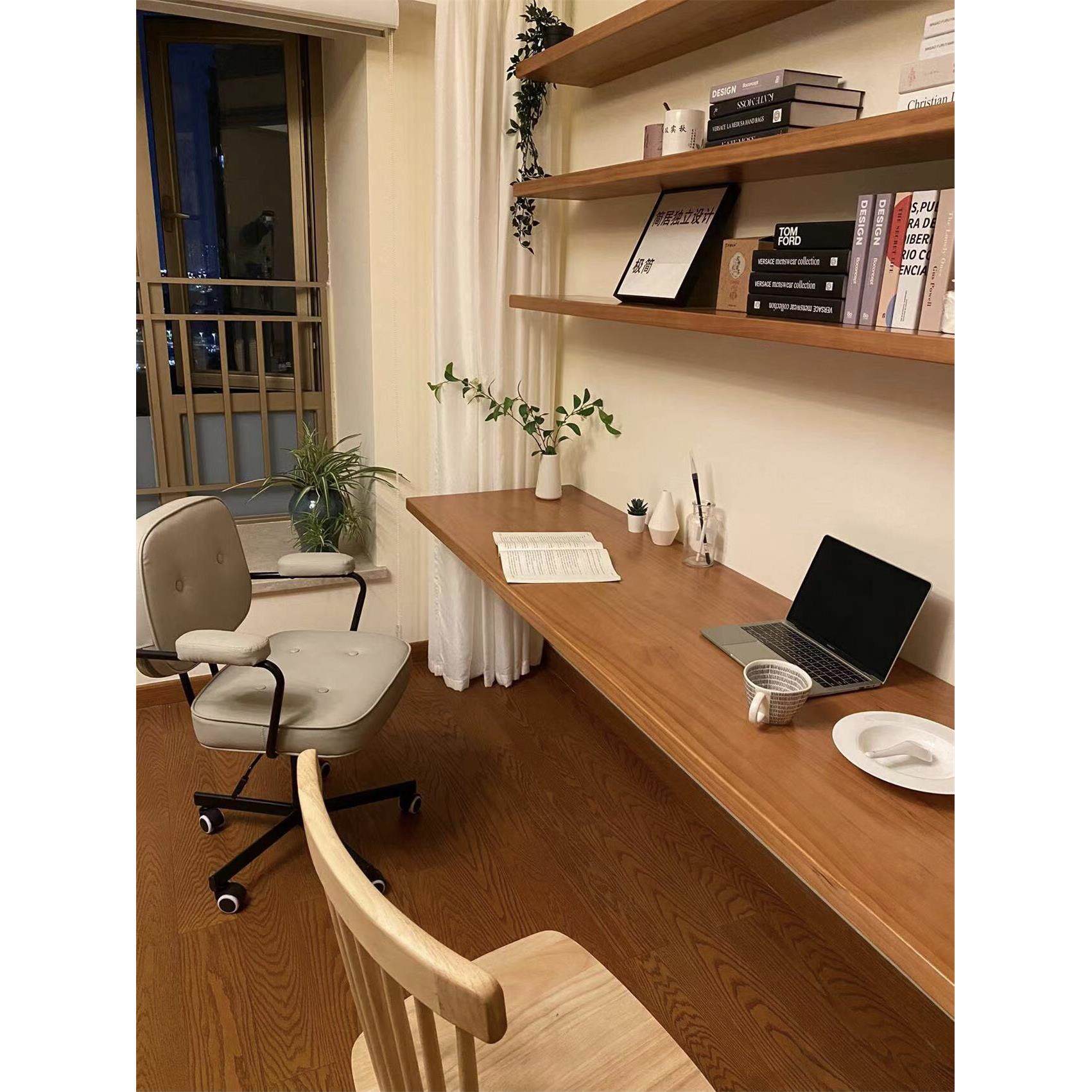 北欧纯实木壁挂一字板书架书桌客厅悬空桌墙上隔板置物架长条书桌