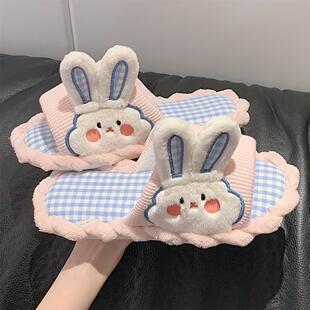 细细条 女春夏家用防滑静音可爱兔子亚麻凉拖ins 四季 通用棉麻拖鞋