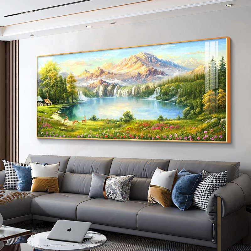 聚宝盆山水画靠山图客厅装饰画西墙聚财沙发背景墙挂画风景壁画