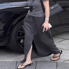 灰色亚麻半身裙女夏季2025新款松紧腰显瘦遮肉气质百搭前开叉长裙
