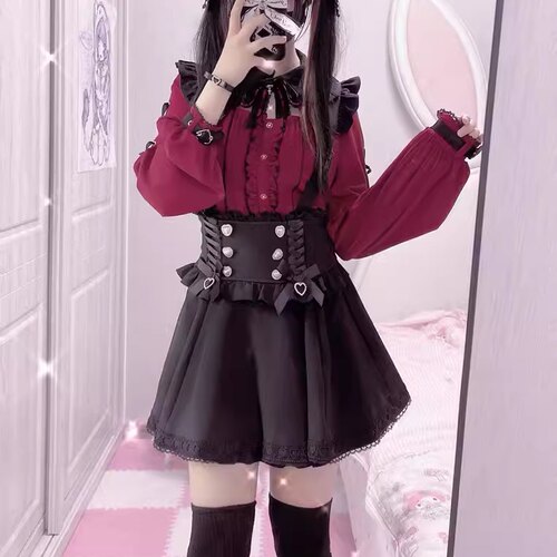 日本原单rojita系蕾服梦展望万圣节蕾丝镂空酒红长袖衬衫小黑裙